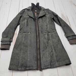 Montana Co long vegan faux coated leather jacket green knit boho steampunk artsy
